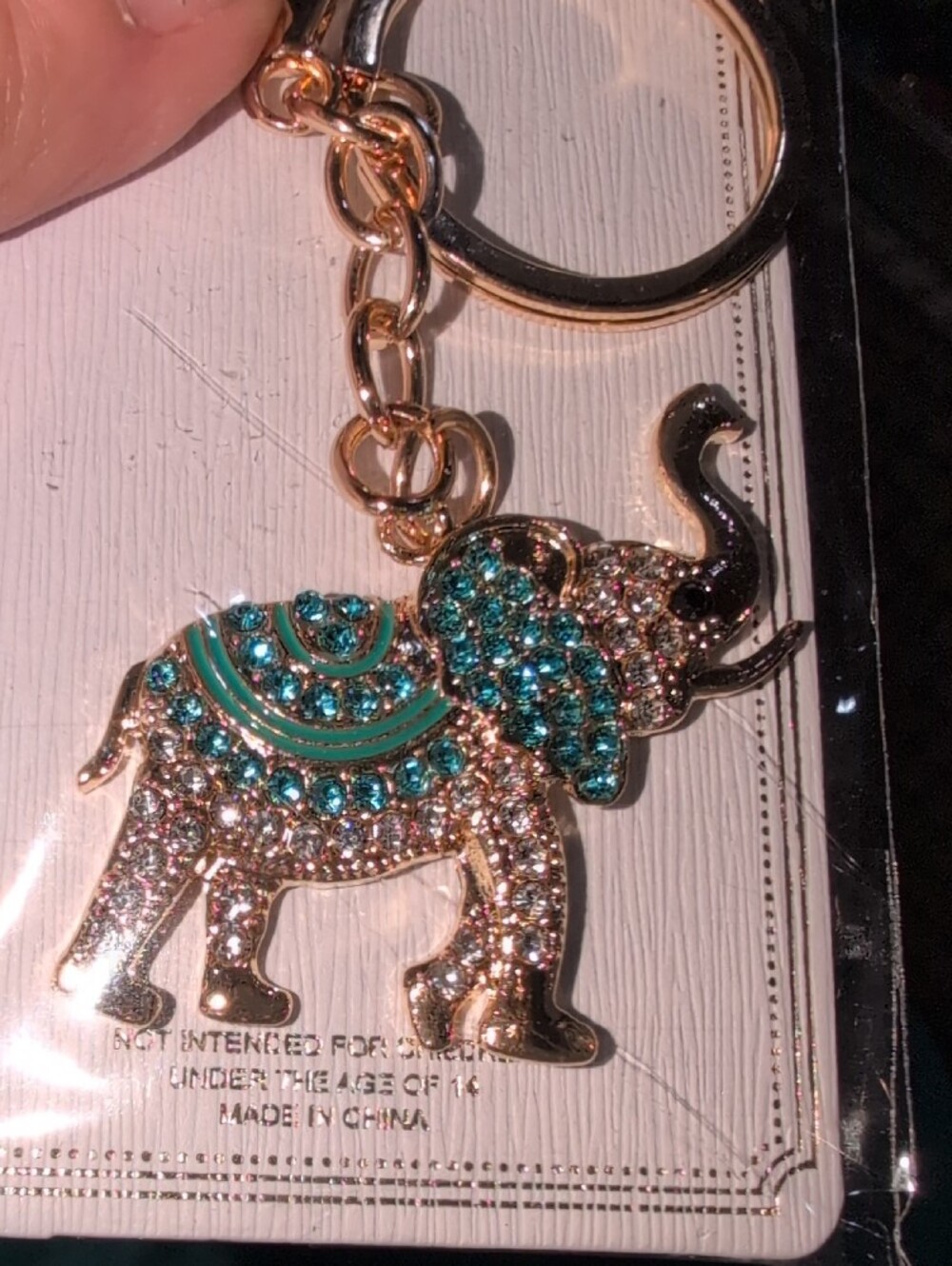 Gold Elephant Keychain with Turquoise Crystal Accents - Picture 3 of 4